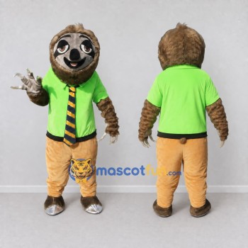 Custom Brown Lime Green and Tan Sloth in Shirt and Tie Mascot Costume Adult Full Body Suit for School Events