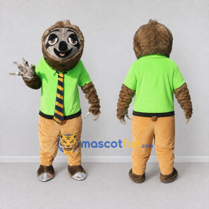 Custom Brown Lime Green and Tan Sloth in Shirt and Tie Mascot Costume Adult Full Body Suit for School Events