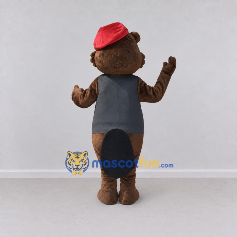 Custom Brown Gray and Red Beaver in Cap Mascot Costume Adult Full Body Suit for School Events Custom Brown Gray and Red Beaver in Cap Mascot Costume Adult Full Body Suit for School Events