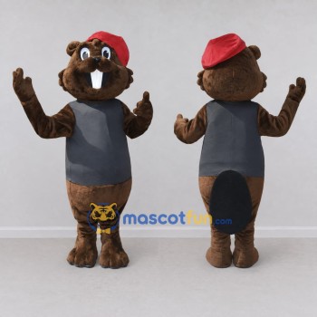 Custom Brown Gray and Red Beaver in Cap Mascot Costume Adult Full Body Suit for School Events