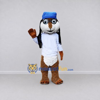 Custom Brown White and Blue Animal Character in Cap and Glasses Mascot Costume Adult Full Body Suit for School Events
