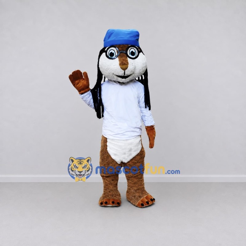 Custom Brown White and Blue Animal Character in Cap and Glasses Mascot Costume Adult Full Body Suit for School Events