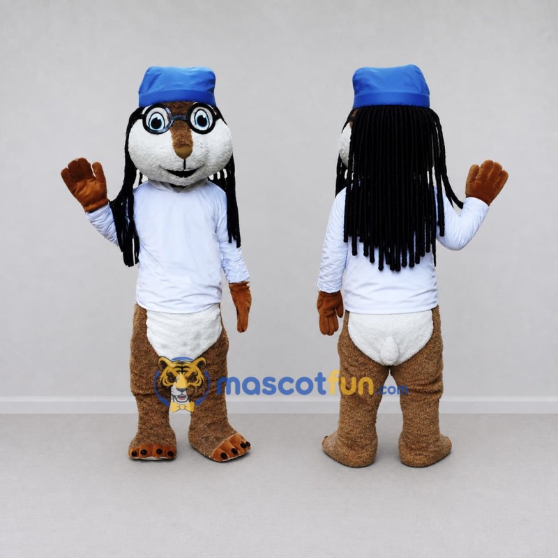 Custom Brown White and Blue Animal Character in Cap and Glasses Mascot Costume Adult Full Body Suit for School Events