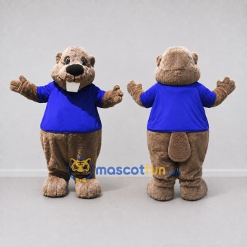 Custom Tan and Blue Beaver in T Shirt Mascot Costume Adult Full Body Suit for School Events