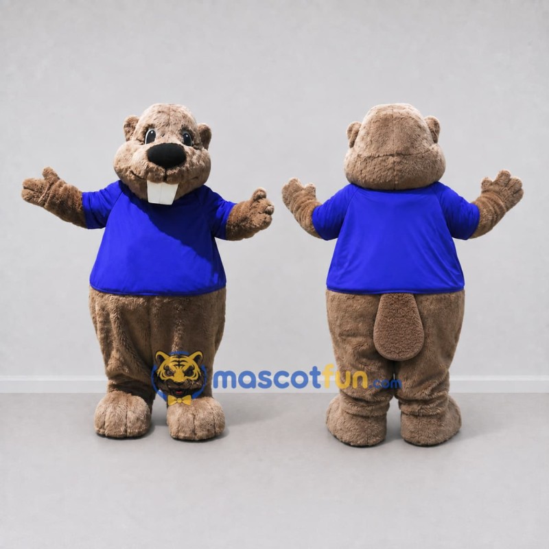 Custom Tan and Blue Beaver in T Shirt Mascot Costume Adult Full Body Suit for School Events