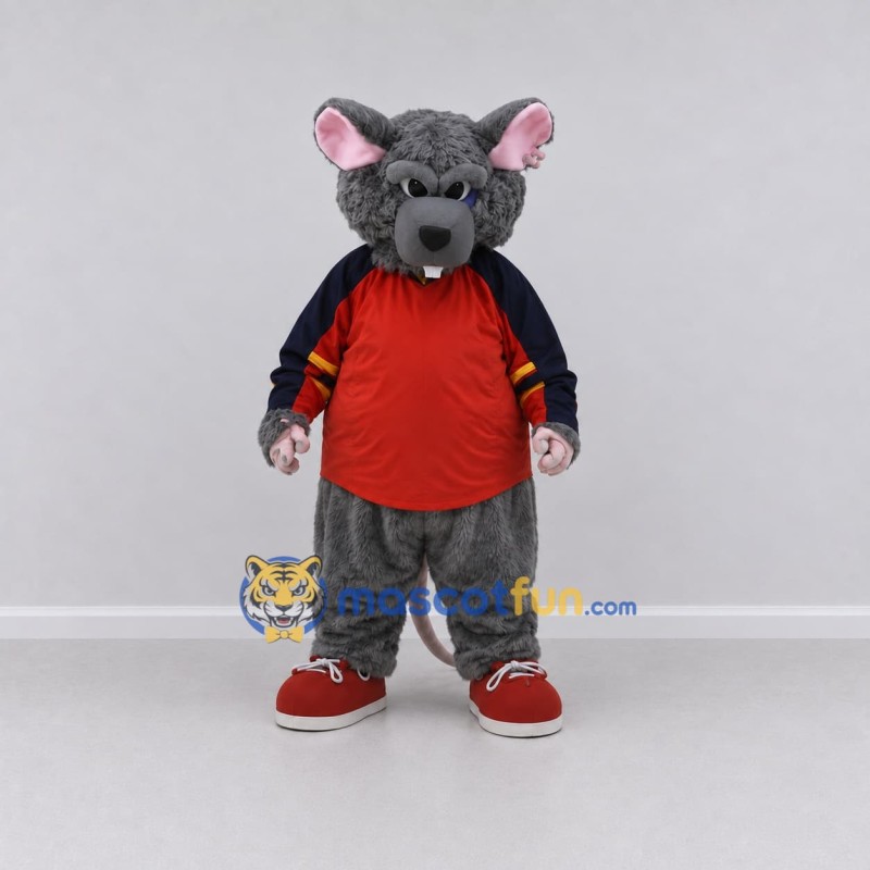 Custom Gray and Red Rat in Sportswear Mascot Costume Adult Full Body Suit for Sports Events Custom Gray and Red Rat in Sportswear Mascot Costume Adult Full Body Suit for Sports Events