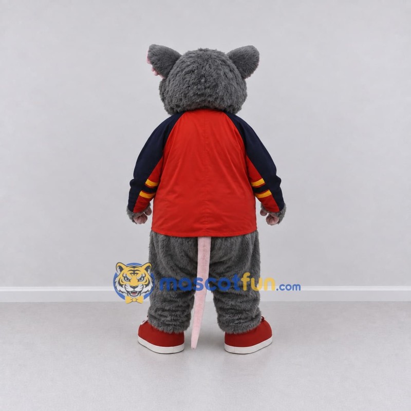 Custom Gray and Red Rat in Sportswear Mascot Costume Adult Full Body Suit for Sports Events Custom Gray and Red Rat in Sportswear Mascot Costume Adult Full Body Suit for Sports Events