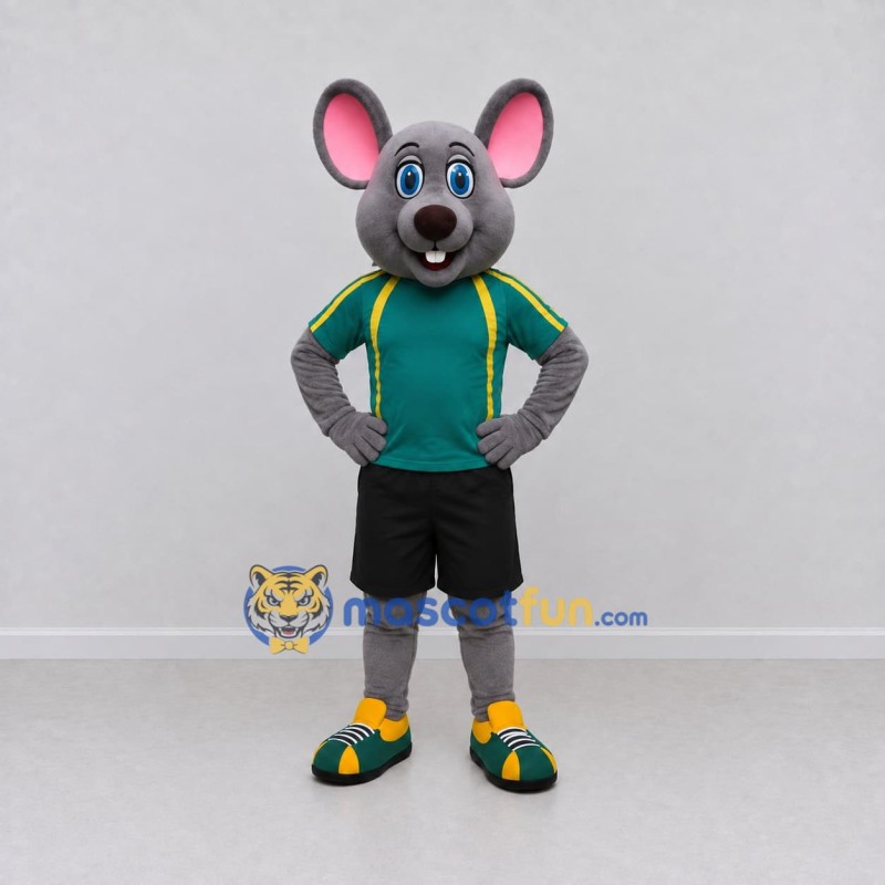 Custom Gray and Green Mouse in Sportswear Mascot Costume Adult Full Body Suit for Sports Events Custom Gray and Green Mouse in Sportswear Mascot Costume Adult Full Body Suit for Sports Events