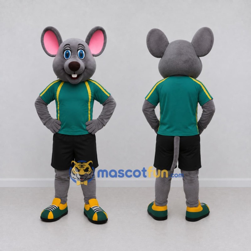 Custom Gray and Green Mouse in Sportswear Mascot Costume Adult Full Body Suit for Sports Events Custom Gray and Green Mouse in Sportswear Mascot Costume Adult Full Body Suit for Sports Events