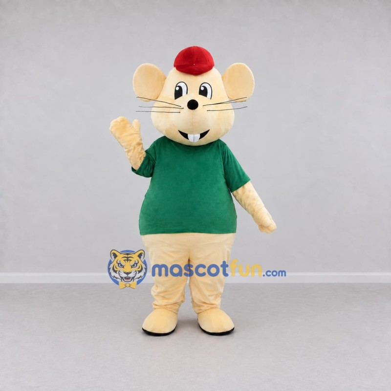 Custom Cream Green and Red Mouse in T Shirt Mascot Costume Adult Full Body Suit for School Events