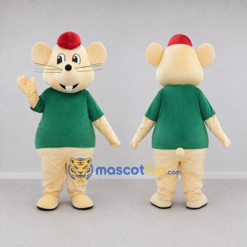 Custom Cream Green and Red Mouse in T Shirt Mascot Costume Adult Full Body Suit for School Events