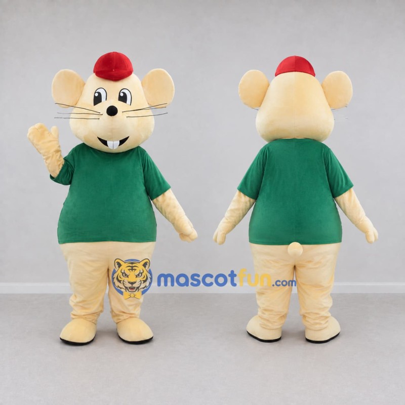 Custom Cream Green and Red Mouse in T Shirt Mascot Costume Adult Full Body Suit for School Events