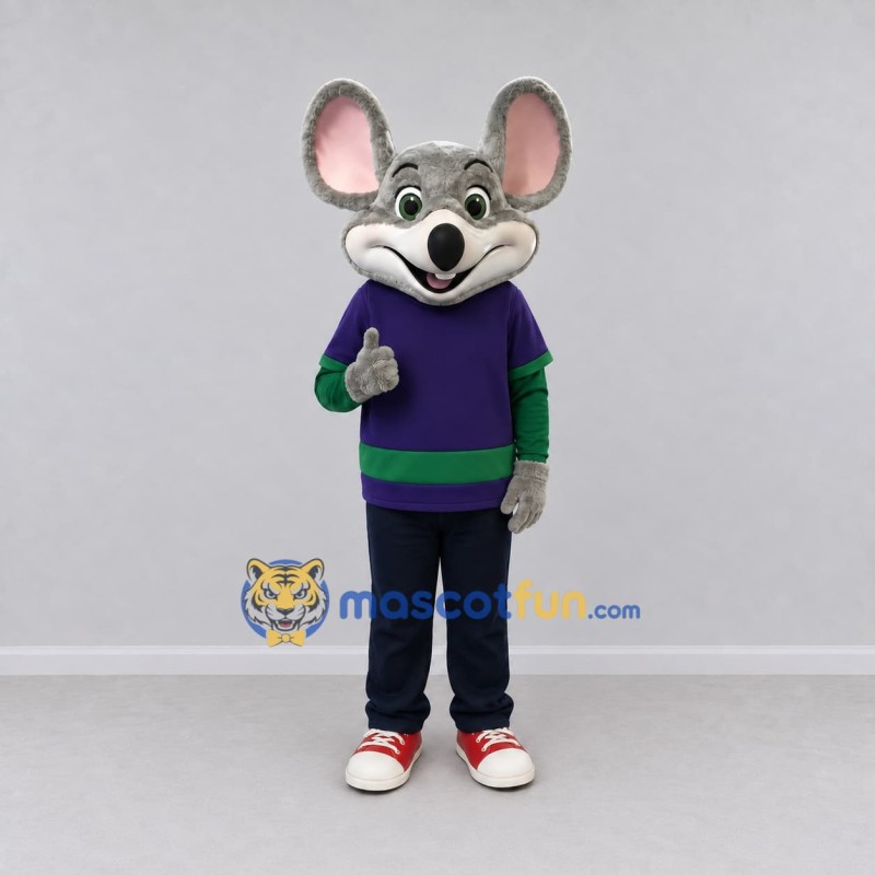 Custom Gray Purple and Green Mouse in Sportswear Mascot Costume Adult Full Body Suit for Sports Events Custom Gray Purple and Green Mouse in Sportswear Mascot Costume Adult Full Body Suit for Sports Events
