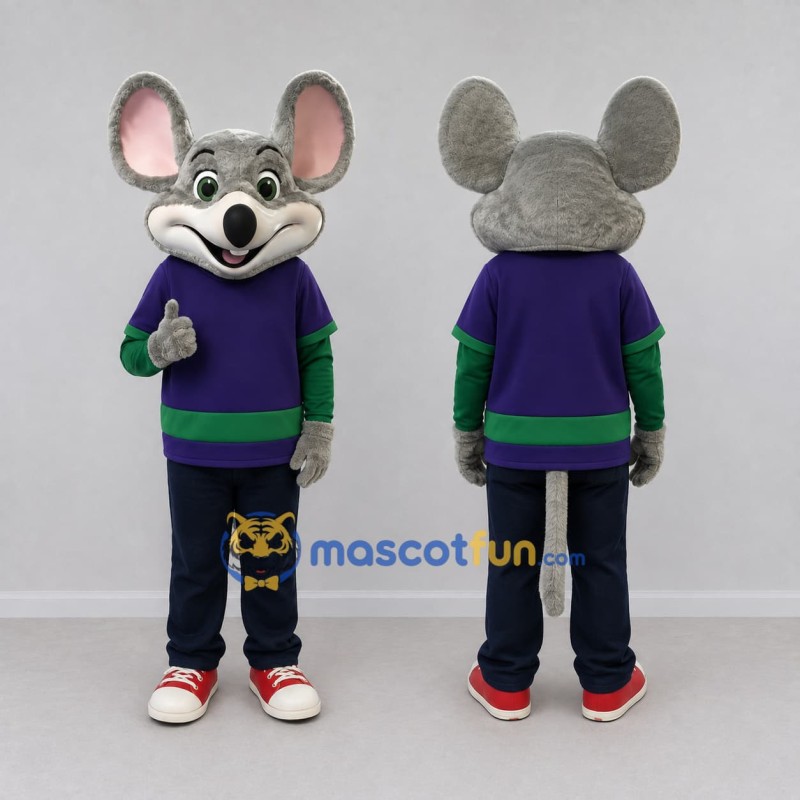 Custom Gray Purple and Green Mouse in Sportswear Mascot Costume Adult Full Body Suit for Sports Events Custom Gray Purple and Green Mouse in Sportswear Mascot Costume Adult Full Body Suit for Sports Events