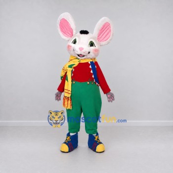 Custom White Red and Green Mouse in Overalls Mascot Costume Adult Full Body Suit for School Events Custom White Red and Green Mouse in Overalls Mascot Costume Adult Full Body Suit for School Events