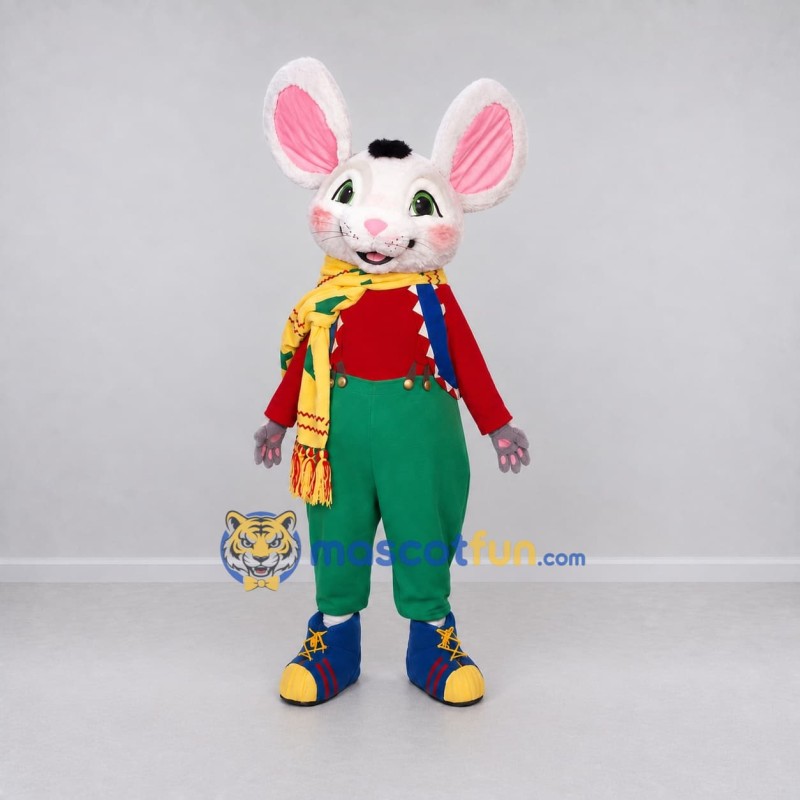 Custom White Red and Green Mouse in Overalls Mascot Costume Adult Full Body Suit for School Events Custom White Red and Green Mouse in Overalls Mascot Costume Adult Full Body Suit for School Events