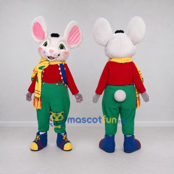 Custom White Red and Green Mouse in Overalls Mascot Costume Adult Full Body Suit for School Events