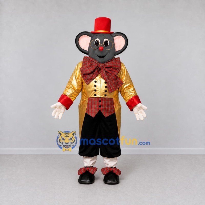 Custom Gray Gold and Red Mouse in Tailcoat Mascot Costume Adult Full Body Suit for Theme Parties Custom Gray Gold and Red Mouse in Tailcoat Mascot Costume Adult Full Body Suit for Theme Parties