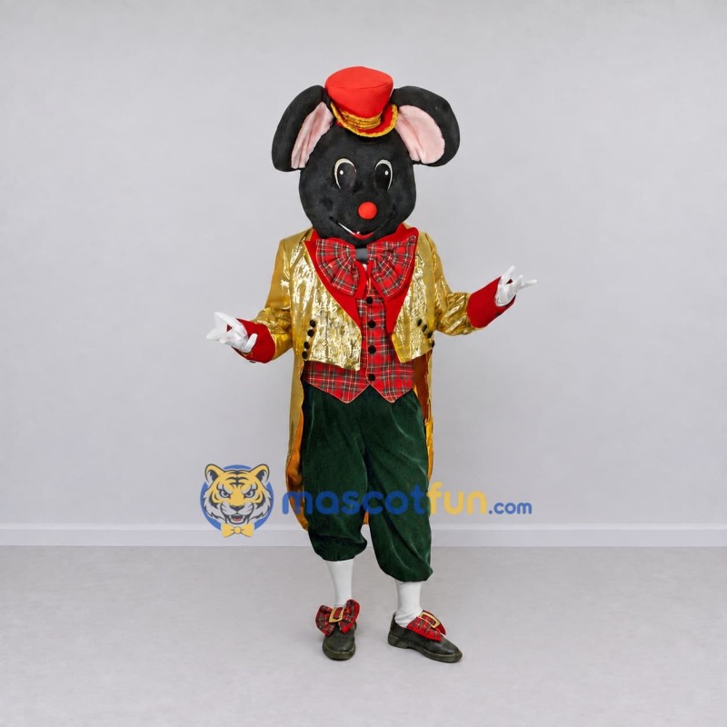 Custom Black Gold and Red Mouse in Tailcoat Mascot Costume Adult Full Body Suit for Theme Parties Custom Black Gold and Red Mouse in Tailcoat Mascot Costume Adult Full Body Suit for Theme Parties