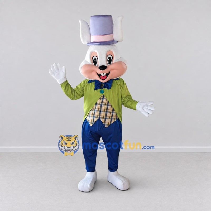 Custom White Green and Purple Rabbit in Top Hat Mascot Costume Adult Full Body Suit for Theme Parties Custom White Green and Purple Rabbit in Top Hat Mascot Costume Adult Full Body Suit for Theme Parties