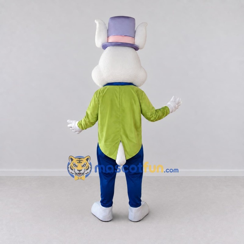 Custom White Green and Purple Rabbit in Top Hat Mascot Costume Adult Full Body Suit for Theme Parties Custom White Green and Purple Rabbit in Top Hat Mascot Costume Adult Full Body Suit for Theme Parties