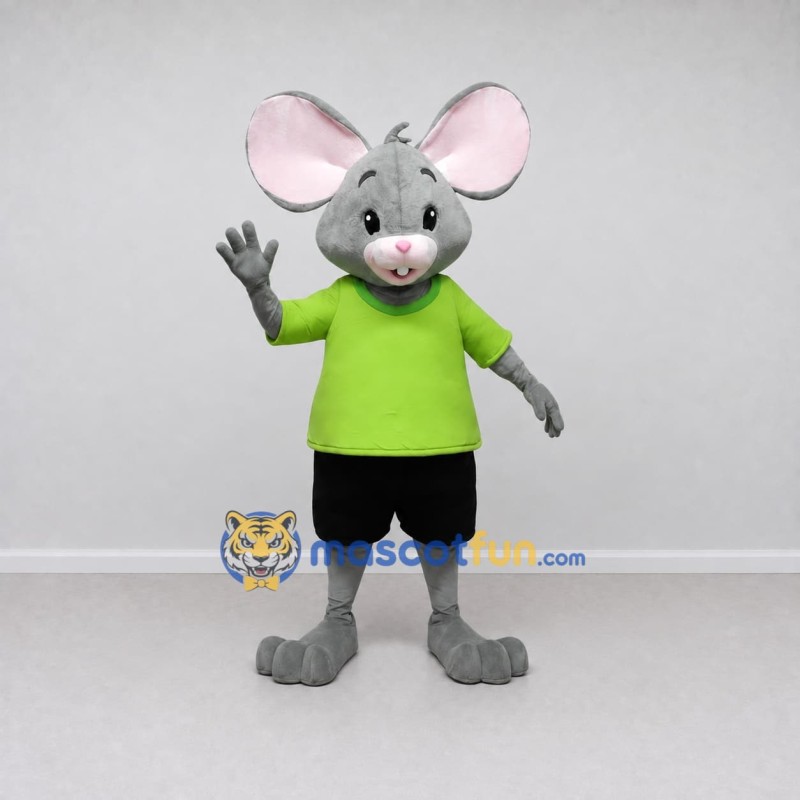 Custom Gray and Lime Green Mouse in T Shirt Mascot Costume Adult Full Body Suit for School Events Custom Gray and Lime Green Mouse in T Shirt Mascot Costume Adult Full Body Suit for School Events