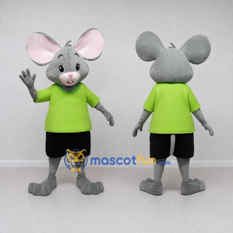 Custom Gray and Lime Green Mouse in T Shirt Mascot Costume Adult Full Body Suit for School Events Custom Gray and Lime Green Mouse in T Shirt Mascot Costume Adult Full Body Suit for School Events