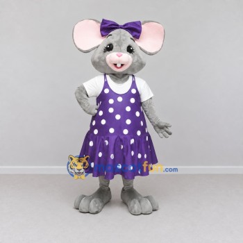 Custom Gray and Purple Mouse in Polka Dot Dress Mascot Costume Adult Full Body Suit for School Events