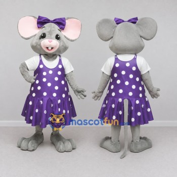 Custom Gray and Purple Mouse in Polka Dot Dress Mascot Costume Adult Full Body Suit for School Events