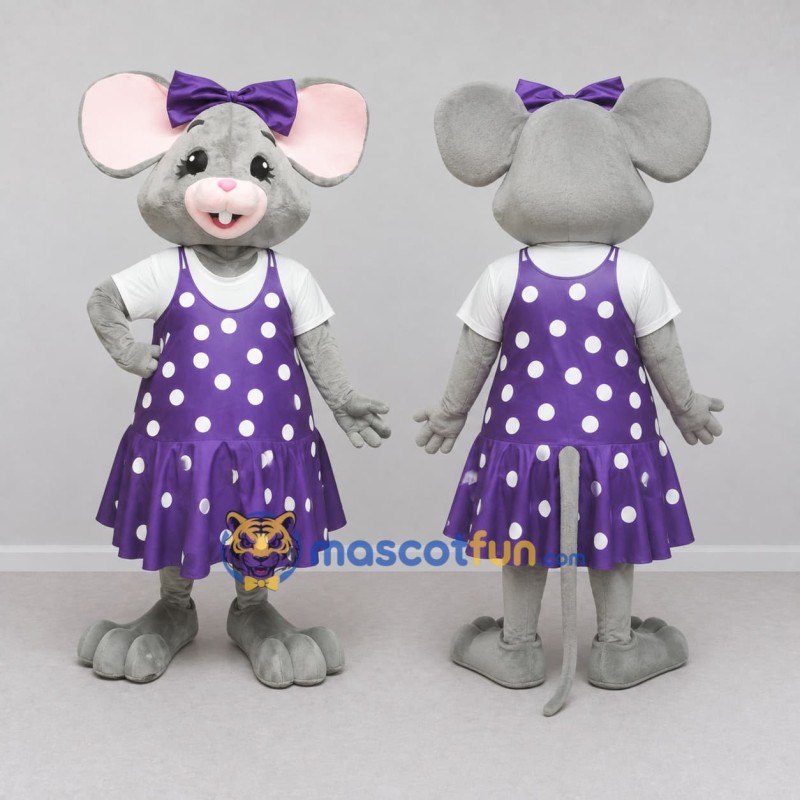 Custom Gray and Purple Mouse in Polka Dot Dress Mascot Costume Adult Full Body Suit for School Events Custom Gray and Purple Mouse in Polka Dot Dress Mascot Costume Adult Full Body Suit for School Events