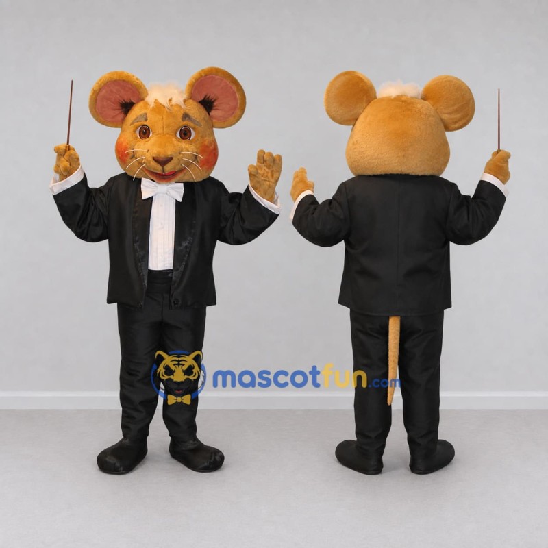 Custom Tan and Black Mouse Conductor Mascot Costume Adult Full Body Suit for Music Events Custom Tan and Black Mouse Conductor Mascot Costume Adult Full Body Suit for Music Events