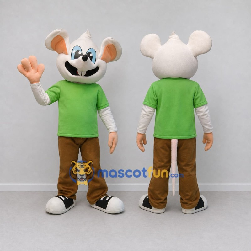 Custom White Green and Brown Mouse in T Shirt Mascot Costume Adult Full Body Suit for School Events Custom White Green and Brown Mouse in T Shirt Mascot Costume Adult Full Body Suit for School Events