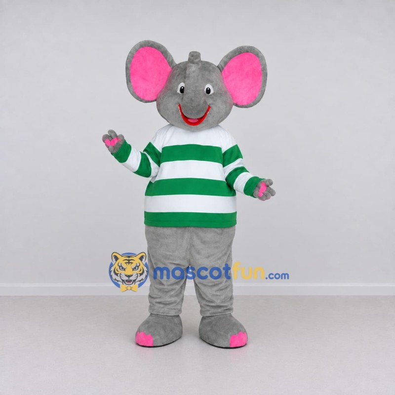 Custom Gray Green and White Mouse in Striped Shirt Mascot Costume Adult Full Body Suit for School Events Custom Gray Green and White Mouse in Striped Shirt Mascot Costume Adult Full Body Suit for School Events