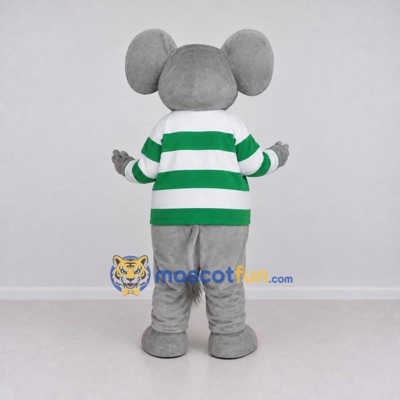 Custom Gray Green and White Mouse in Striped Shirt Mascot Costume Adult Full Body Suit for School Events Custom Gray Green and White Mouse in Striped Shirt Mascot Costume Adult Full Body Suit for School Events