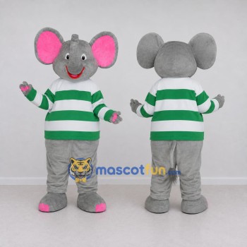 Custom Gray Green and White Mouse in Striped Shirt Mascot Costume Adult Full Body Suit for School Events