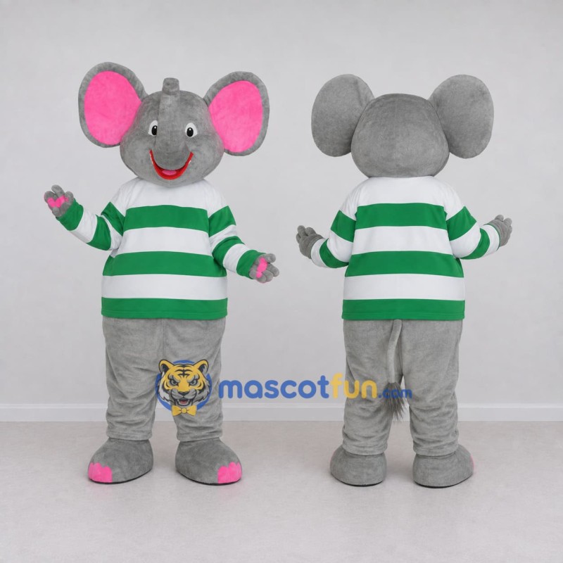 Custom Gray Green and White Mouse in Striped Shirt Mascot Costume Adult Full Body Suit for School Events Custom Gray Green and White Mouse in Striped Shirt Mascot Costume Adult Full Body Suit for School Events