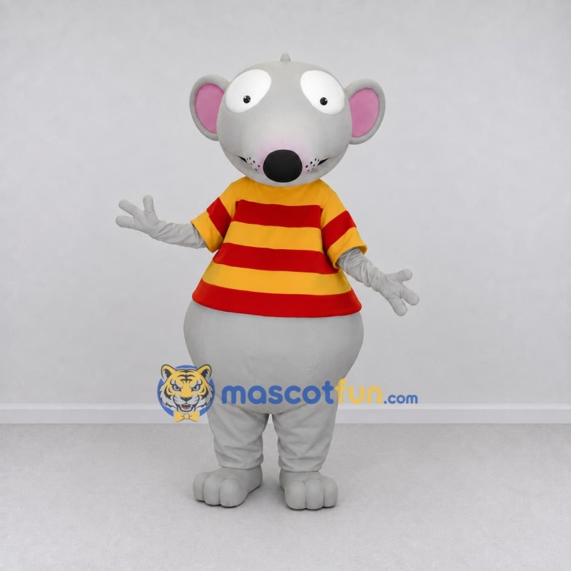 Custom Gray Red and Yellow Mouse in Striped Shirt Mascot Costume Adult Full Body Suit for School Events Custom Gray Red and Yellow Mouse in Striped Shirt Mascot Costume Adult Full Body Suit for School Events