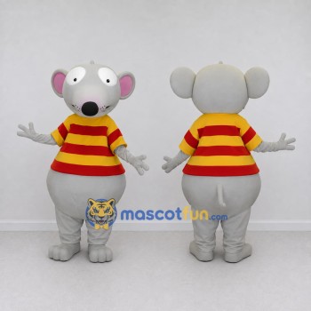 Custom Gray Red and Yellow Mouse in Striped Shirt Mascot Costume Adult Full Body Suit for School Events