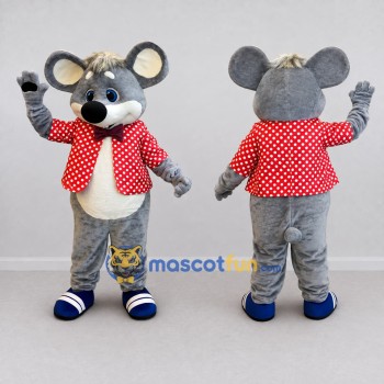 Custom Gray and Red Mouse in Polka Dot Jacket Mascot Costume Adult Full Body Suit for School Events