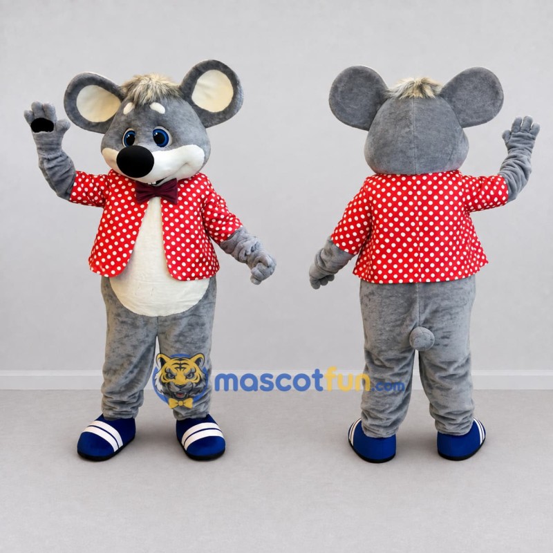 Custom Gray and Red Mouse in Polka Dot Jacket Mascot Costume Adult Full Body Suit for School Events Custom Gray and Red Mouse in Polka Dot Jacket Mascot Costume Adult Full Body Suit for School Events