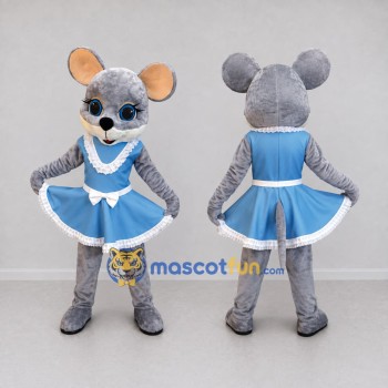 Custom Gray and Blue Mouse in Dress Mascot Costume Adult Full Body Suit for School Events