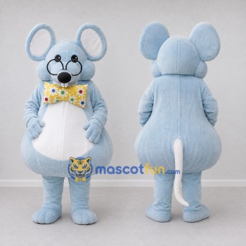 Custom Light Blue and White Mouse with Bow Tie Mascot Costume Adult Full Body Suit for School Events