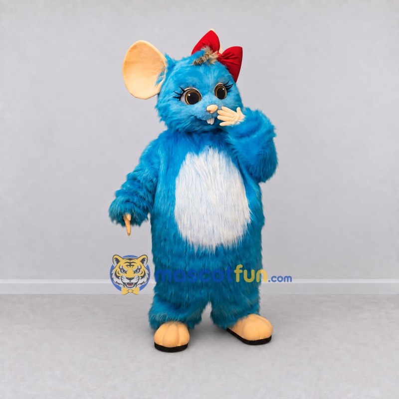 Custom Blue and White Mouse with Bow Mascot Costume Adult Full Body Suit for School Events Custom Blue and White Mouse with Bow Mascot Costume Adult Full Body Suit for School Events