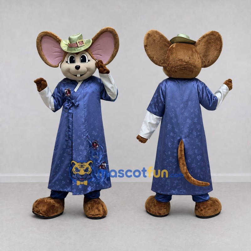 Custom Brown and Blue Mouse in Long Coat Mascot Costume Adult Full Body Suit for Theme Parties Custom Brown and Blue Mouse in Long Coat Mascot Costume Adult Full Body Suit for Theme Parties