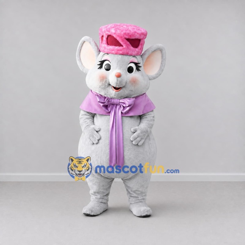 Custom Light Gray Pink and Purple Mouse in Hat and Cape Mascot Costume Adult Full Body Suit for Theme Parties Custom Light Gray Pink and Purple Mouse in Hat and Cape Mascot Costume Adult Full Body Suit for Theme Parties