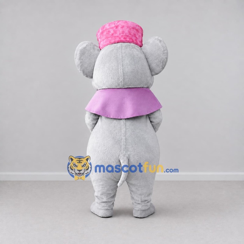 Custom Light Gray Pink and Purple Mouse in Hat and Cape Mascot Costume Adult Full Body Suit for Theme Parties Custom Light Gray Pink and Purple Mouse in Hat and Cape Mascot Costume Adult Full Body Suit for Theme Parties