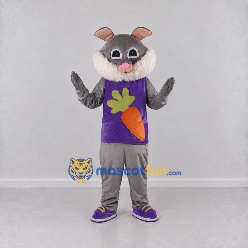 Custom Gray and Purple Rabbit in Carrot Shirt Mascot Costume Adult Full Body Suit for Easter Events