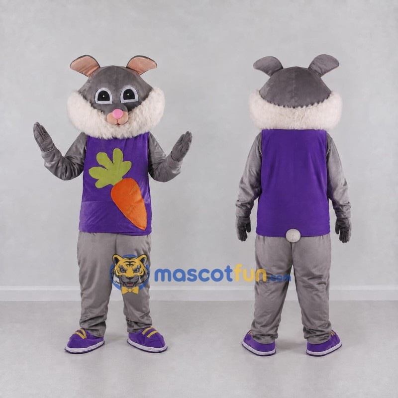 Custom Gray and Purple Rabbit in Carrot Shirt Mascot Costume Adult Full Body Suit for Easter Events