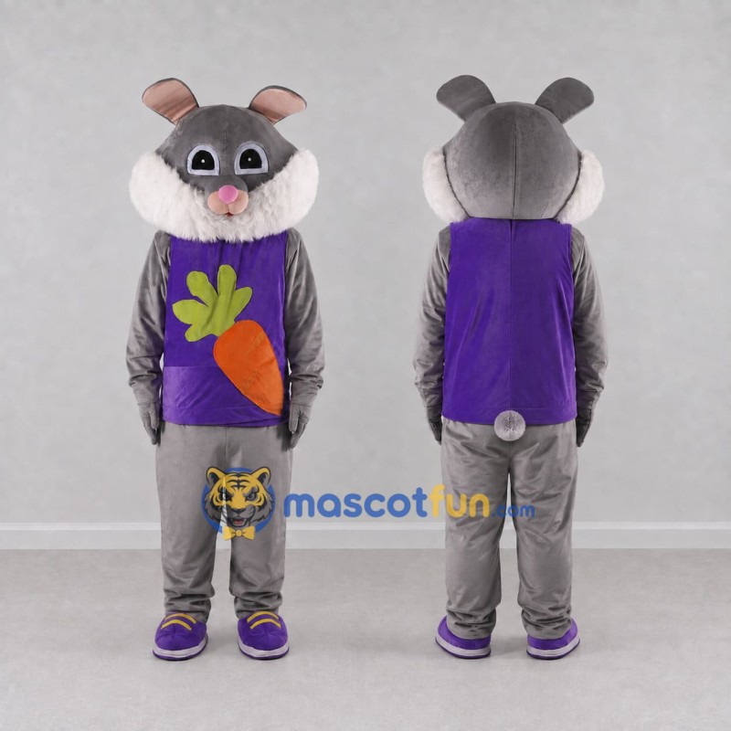Custom Gray and Purple Rabbit in Carrot Shirt Mascot Costume Adult Full Body Suit for Easter Events Custom Gray and Purple Rabbit in Carrot Shirt Mascot Costume Adult Full Body Suit for Easter Events