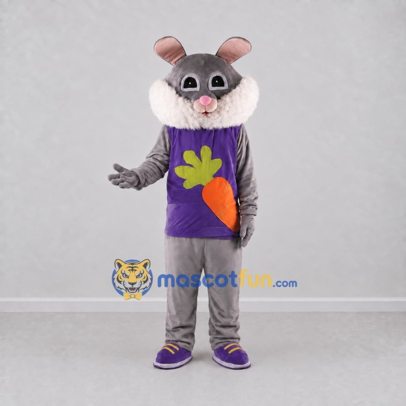 Custom Gray and Purple Rabbit in Carrot Shirt Mascot Costume Adult Full Body Suit for Easter Events Custom Gray and Purple Rabbit in Carrot Shirt Mascot Costume Adult Full Body Suit for Easter Events